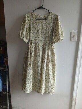 Sandro Cream and Light Green Floral Tie-Waist Midi Dress